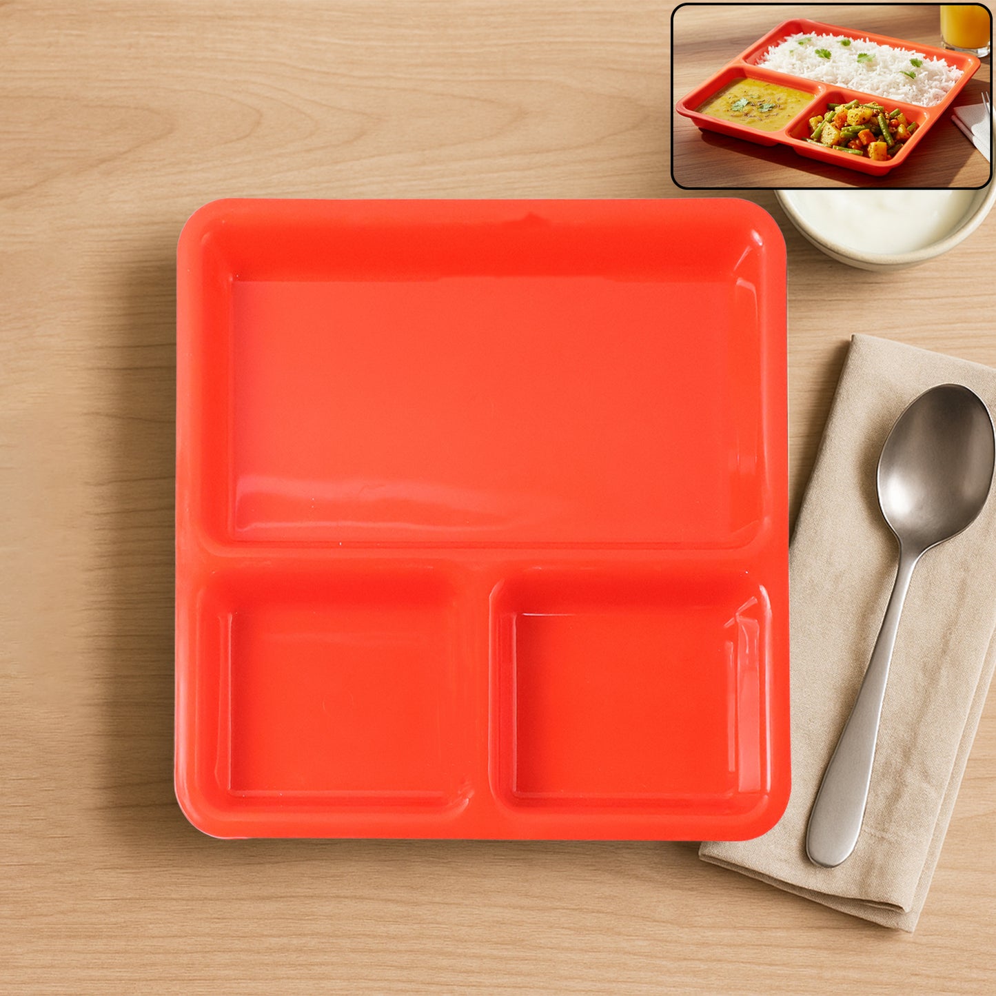 plastic 3 compartment rectangular meal serving tray 23 cm
