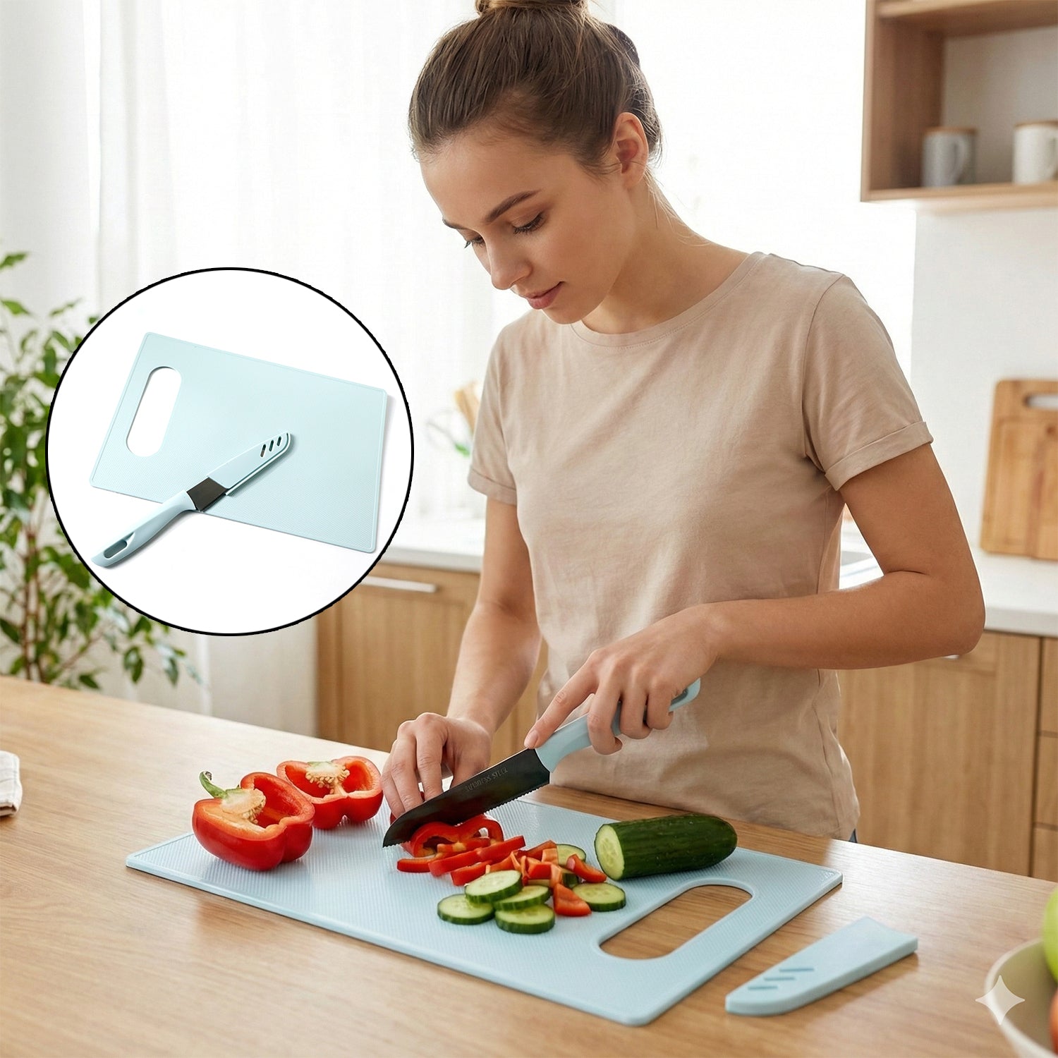 2-in-1 kitchen chopping board with knife set for food preparation