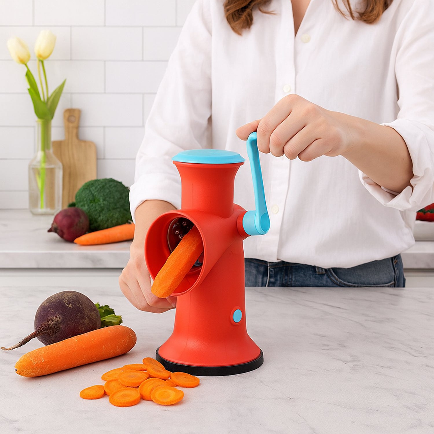 rotary grater with interchangeable blades for kitchen prep