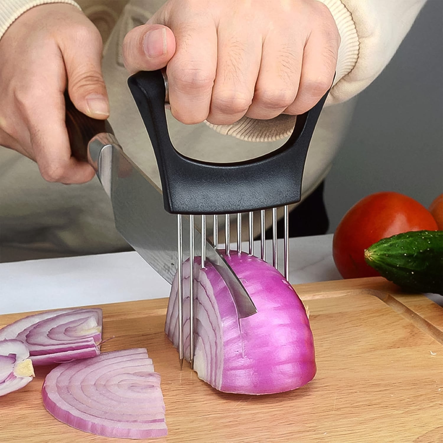 onion cutter vegetable slicer holder tool stainless steel 15 cm