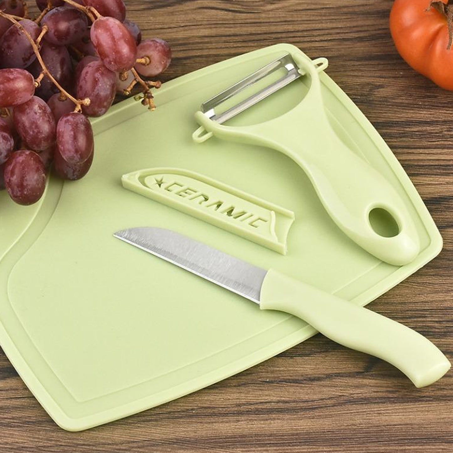 kitchen peeler and knife set with plastic handles and stainless steel blades