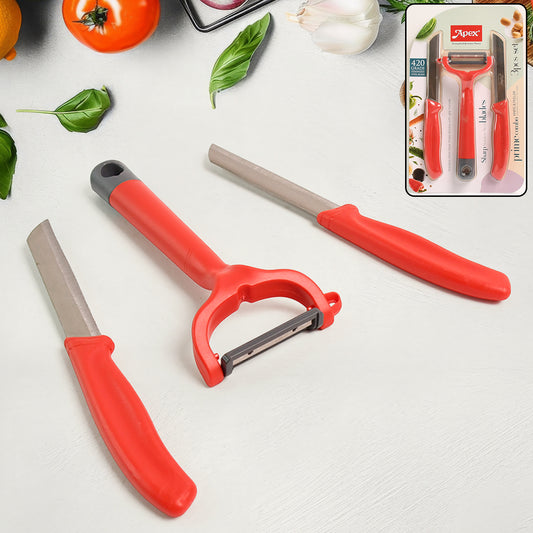 3-piece stainless steel kitchen knife and peeler set with ergonomic handles