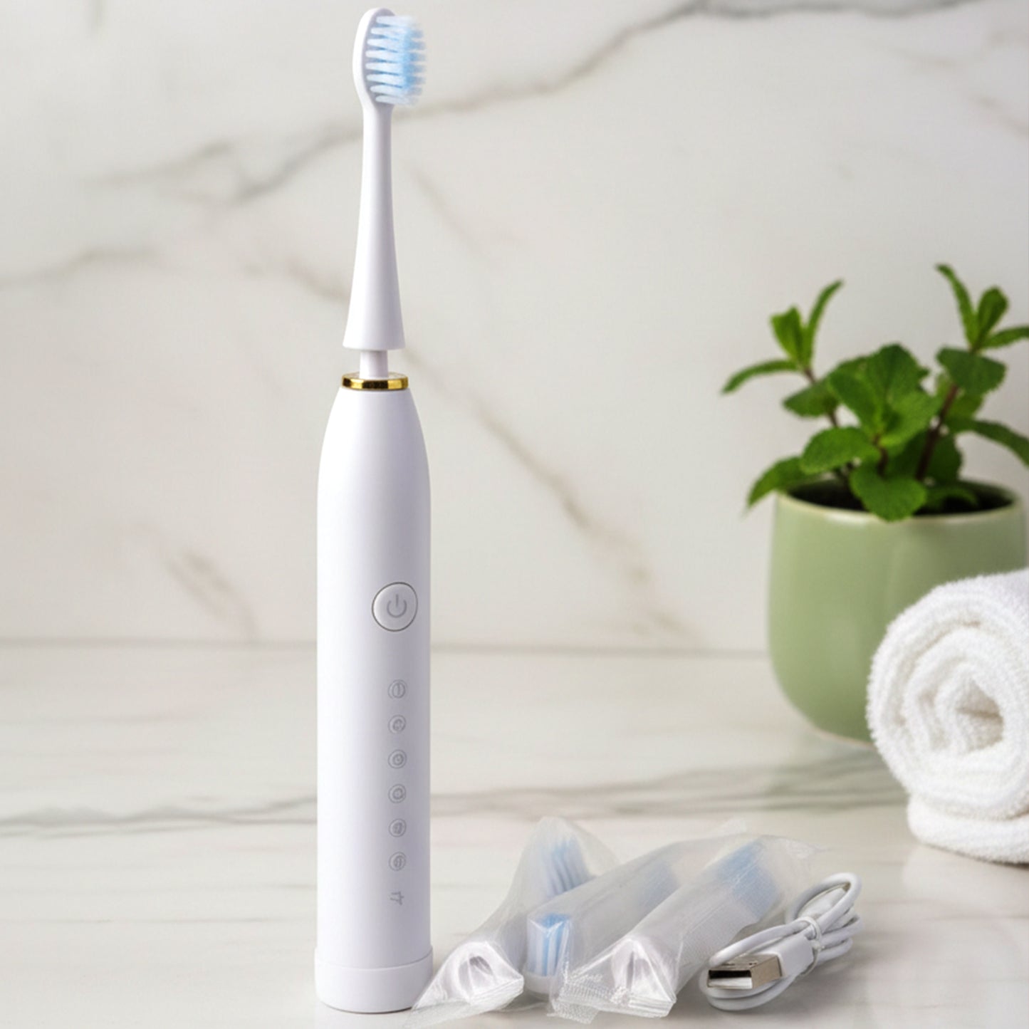 white rechargeable electric toothbrush with 4 brush heads pack of 1