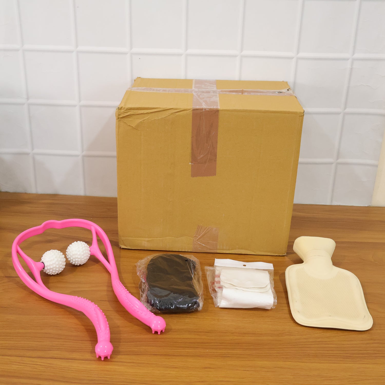 self care and relaxation combo set with neck massage roller body scrub brush eye sleep mask spa socks pack of 1