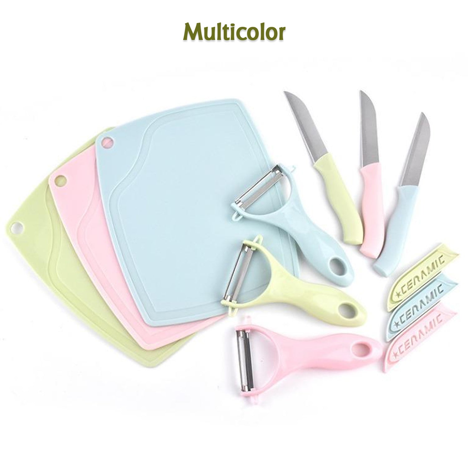 kitchen peeler and knife set with plastic handles and stainless steel blades