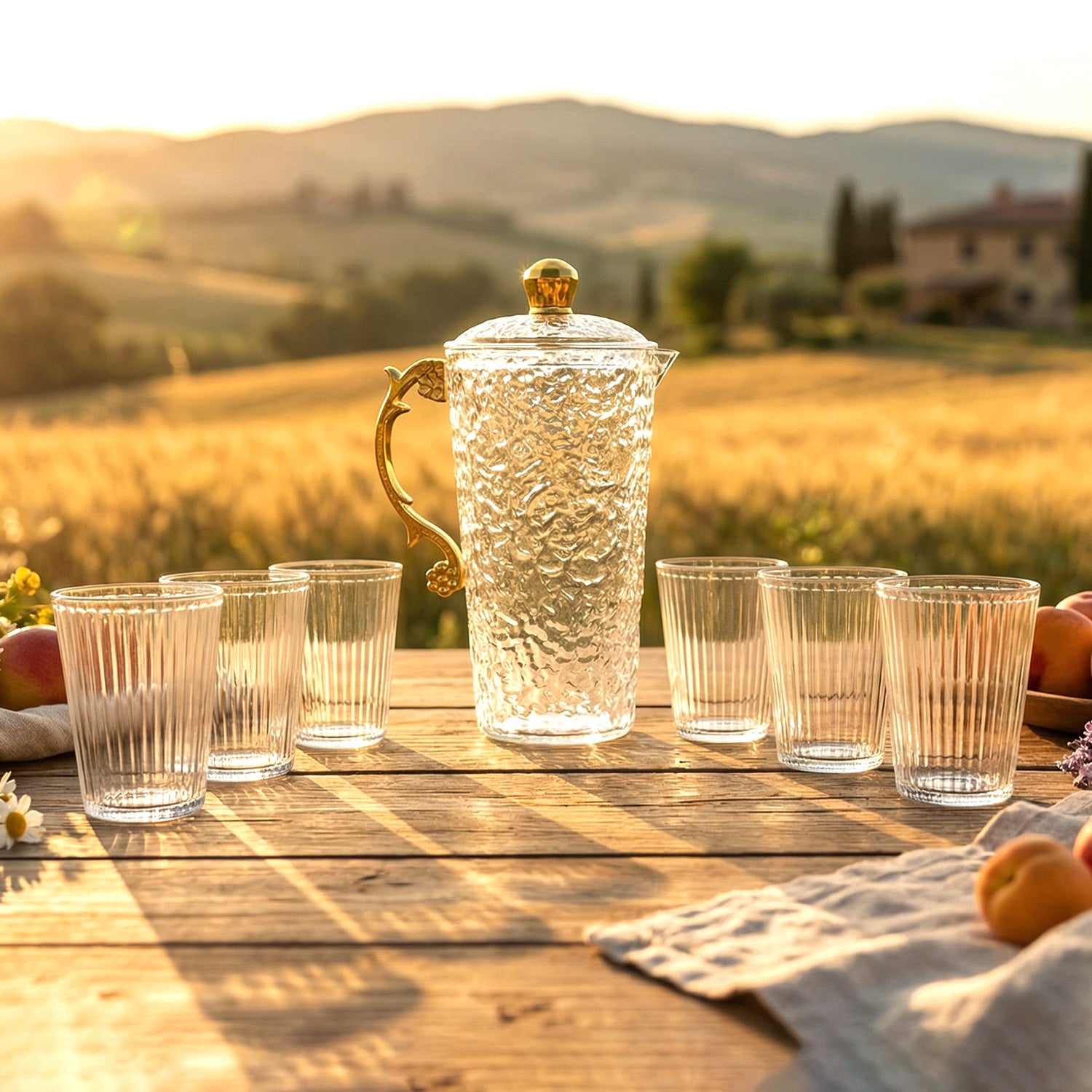 textured glass water jug with 6 glasses set