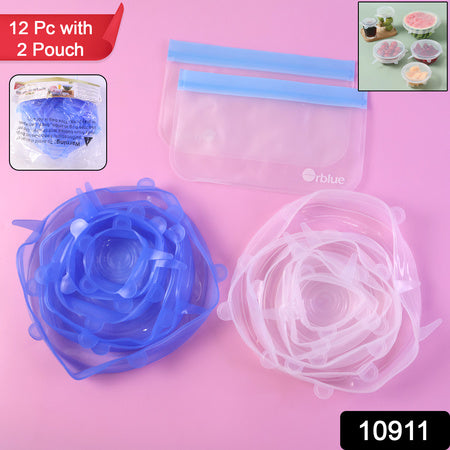 reusable stretch lids set with 2 storage pouches for food storage