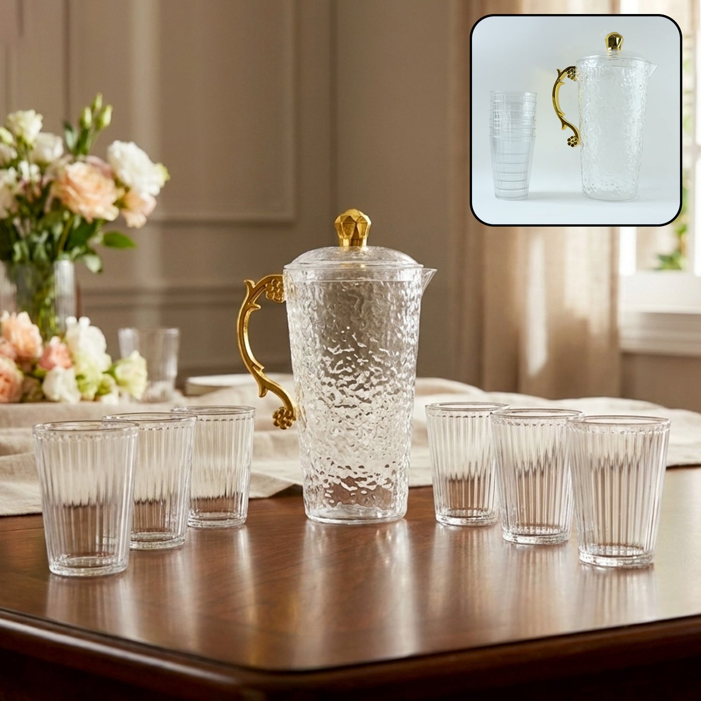 textured glass water jug with 6 glasses set