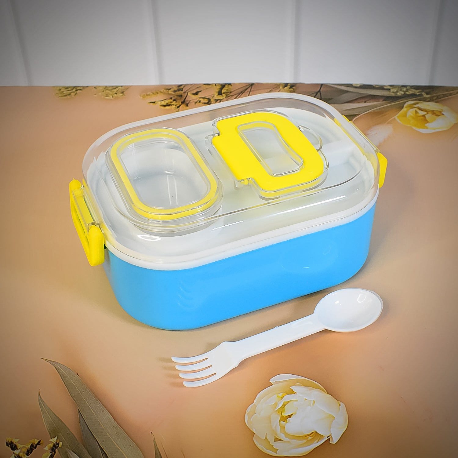 plastic lunch box 14 cm x 20 cm x 9 cm with spoon and fork for kids