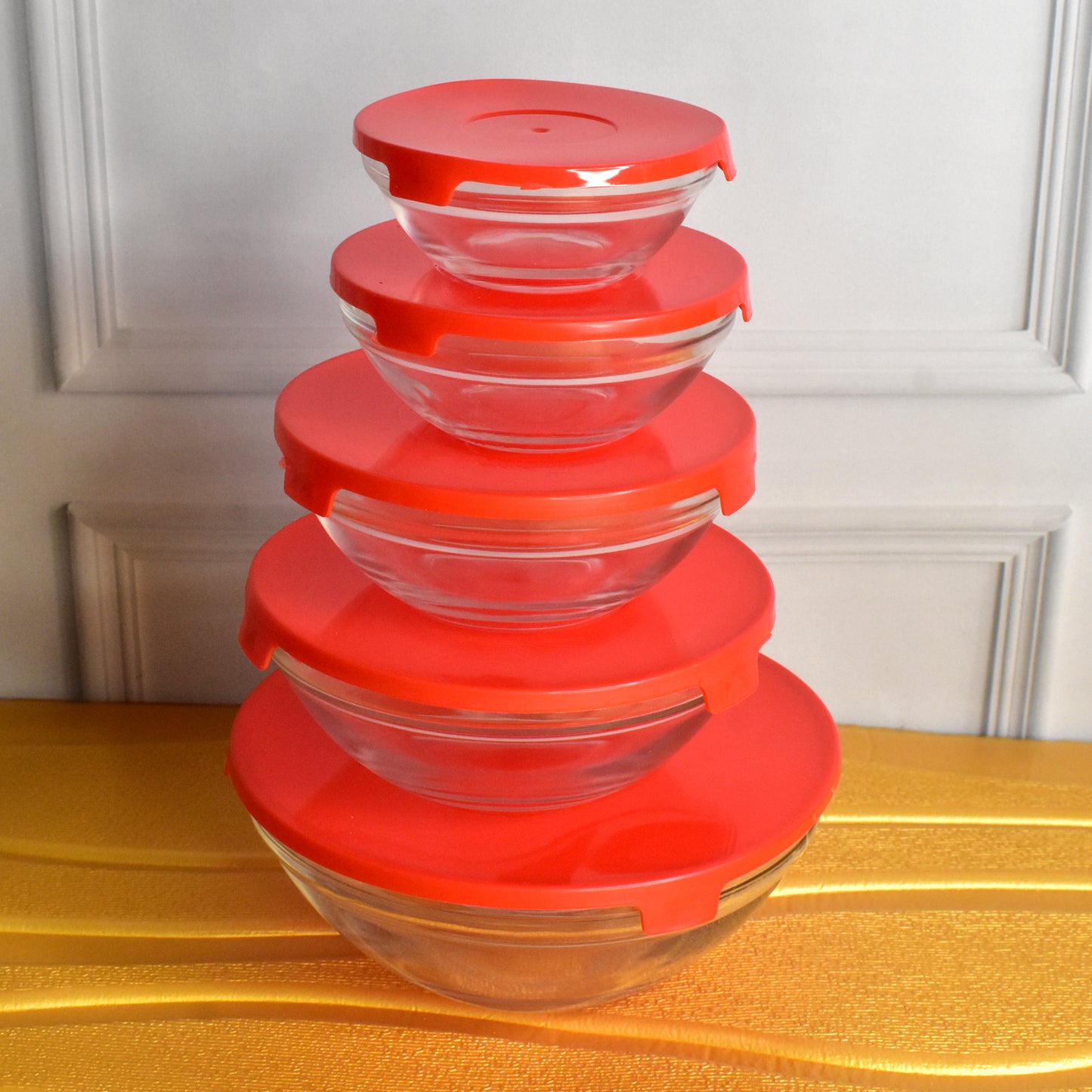 glass bowl set with red lids pack of 5 for mixing and storage