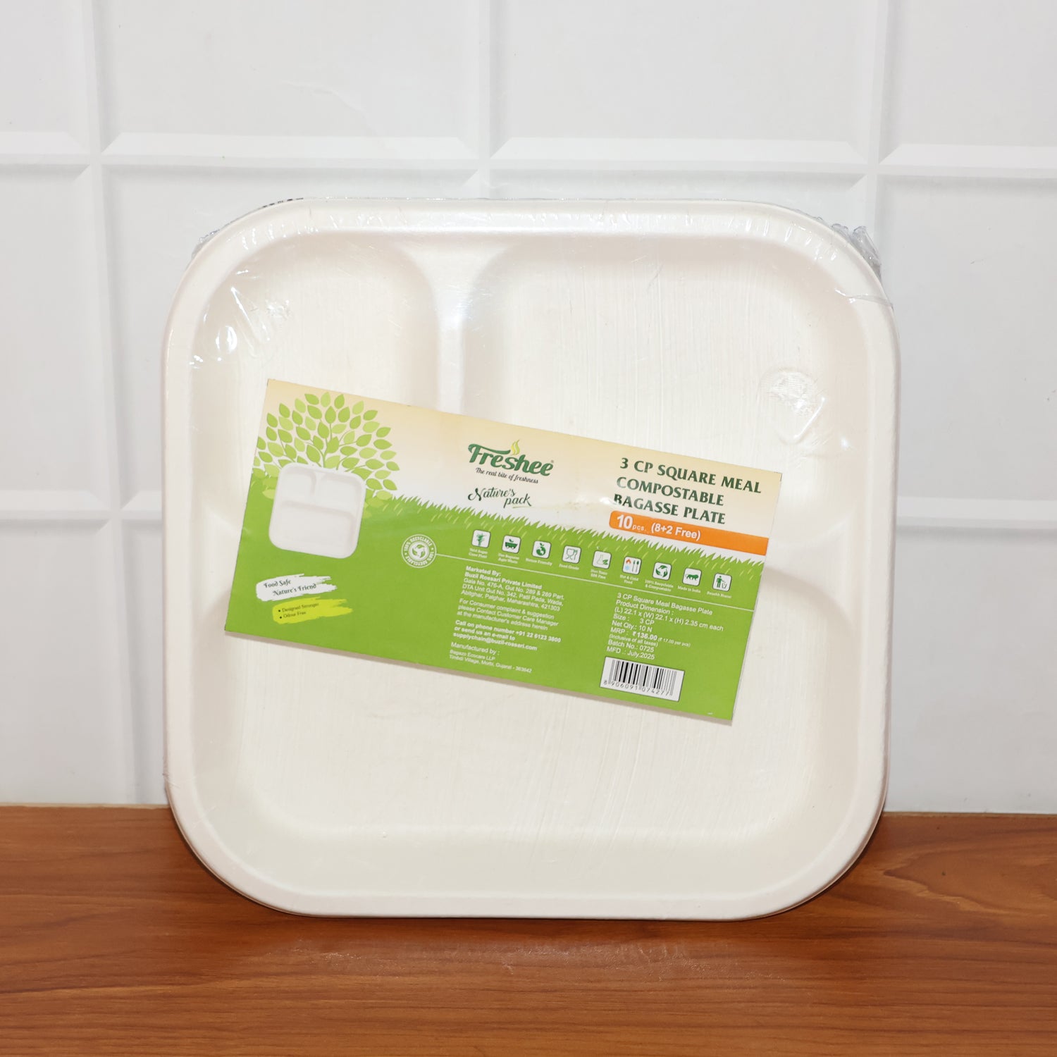 3-compartment bagasse meal plate 22cm compostable