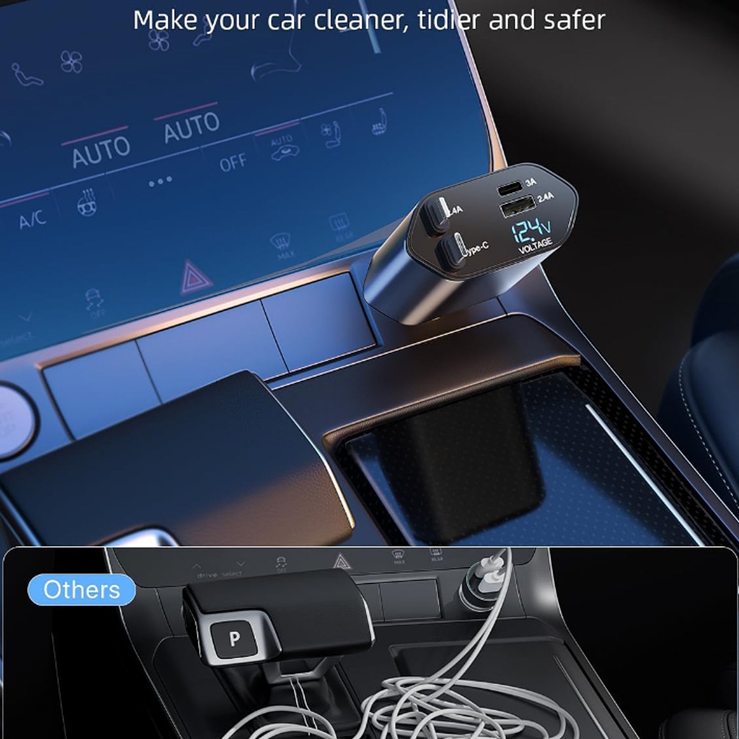 120w 4-in-1 car charger with dual cables and dual usb ports pack of 1