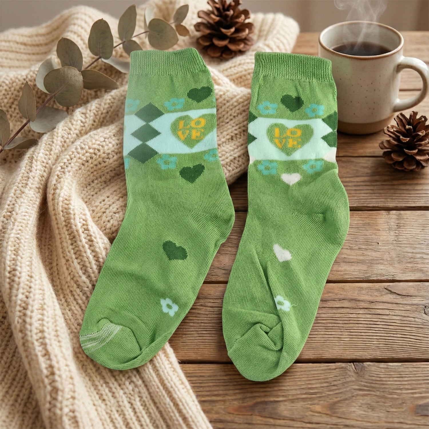 cotton socks green heart floral design 1 pair