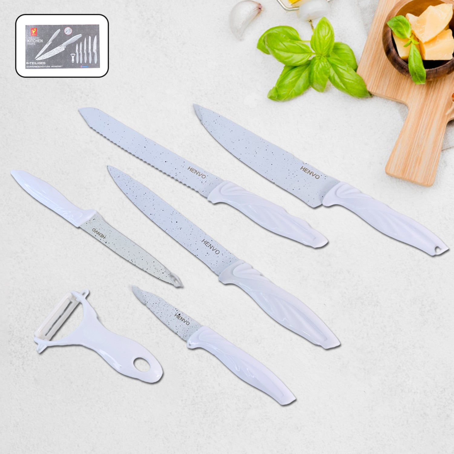 kitchen knife set 6 pc marble-coated stainless steel blades