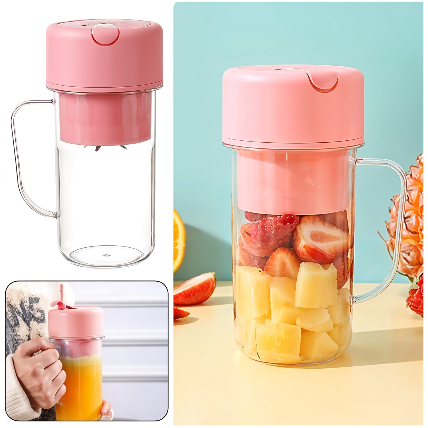 portable crusher juicer with 420 ml capacity and usb rechargeable