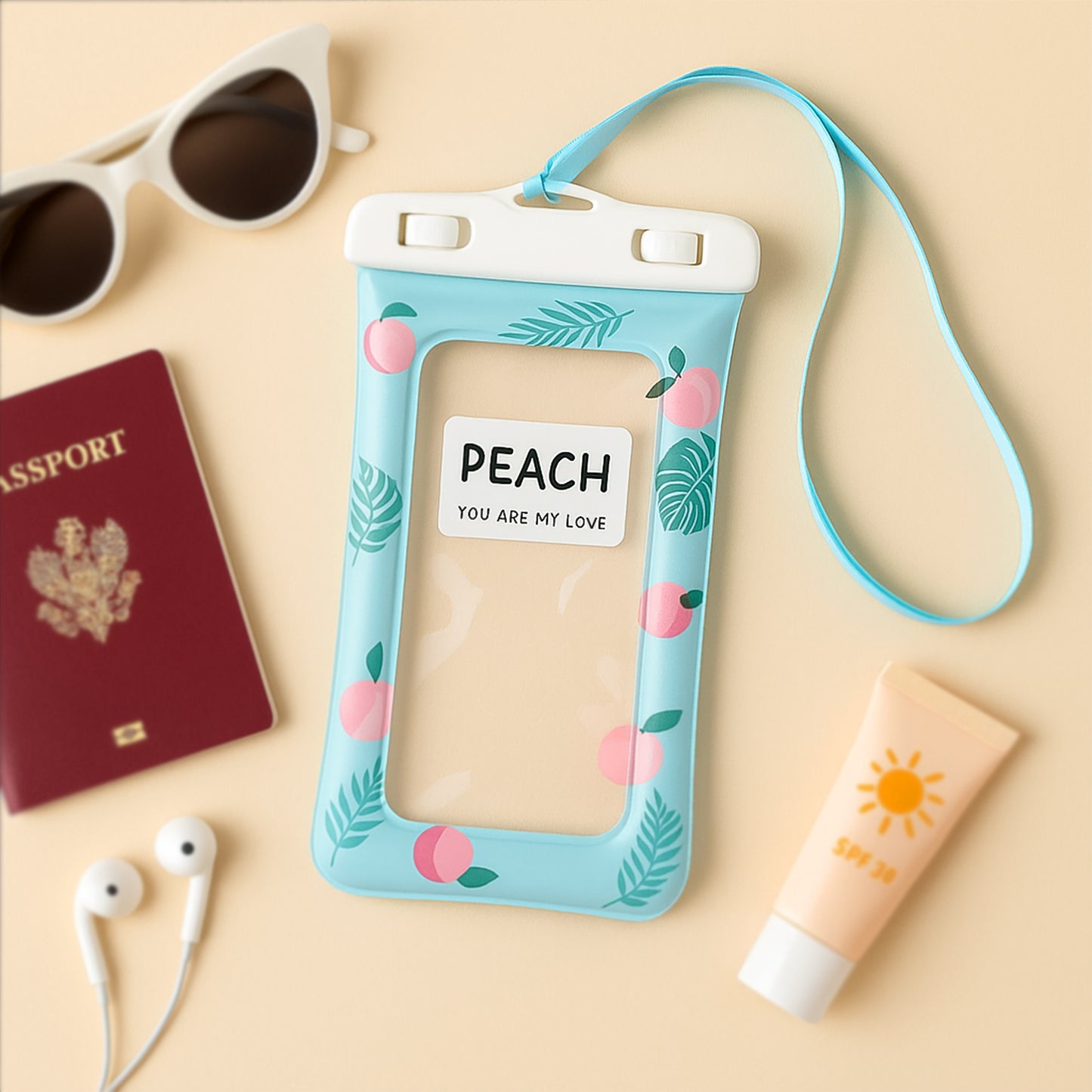 Waterproof Peach Transparent Mobile Pouch With Neck Strap (1 Pc)