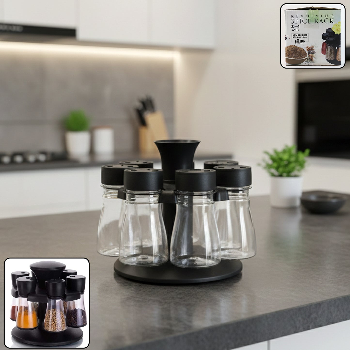 revolving plastic spice rack set with 8 jars for kitchen storage