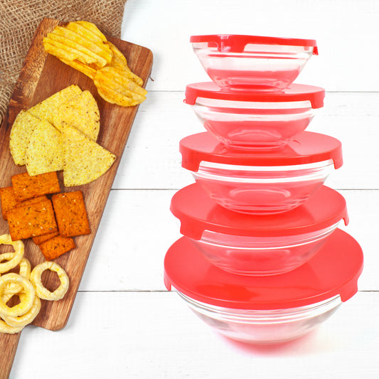 glass bowl set with red lids pack of 5 for mixing and storage