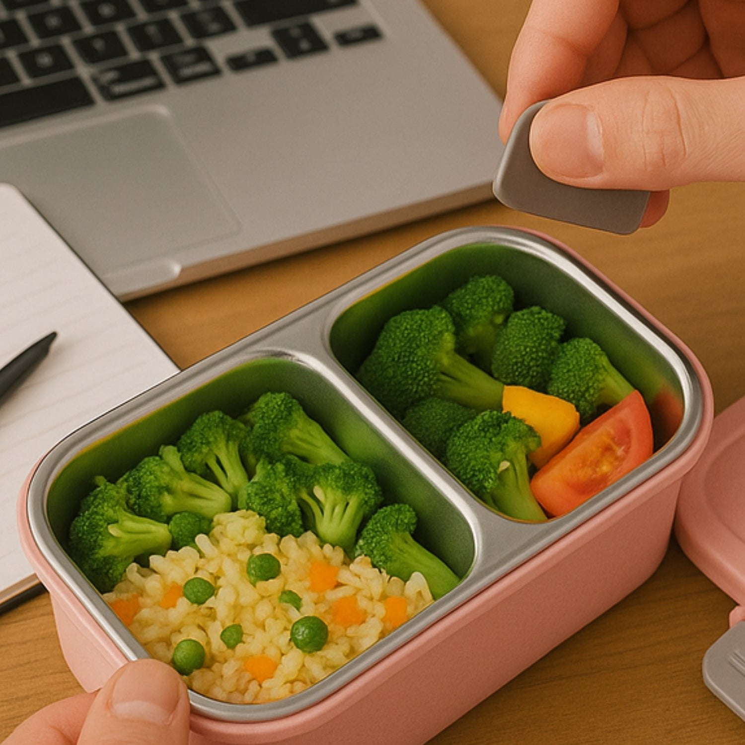 leak-proof stainless steel lunch box with 700 ml capacity and two compartments for office use