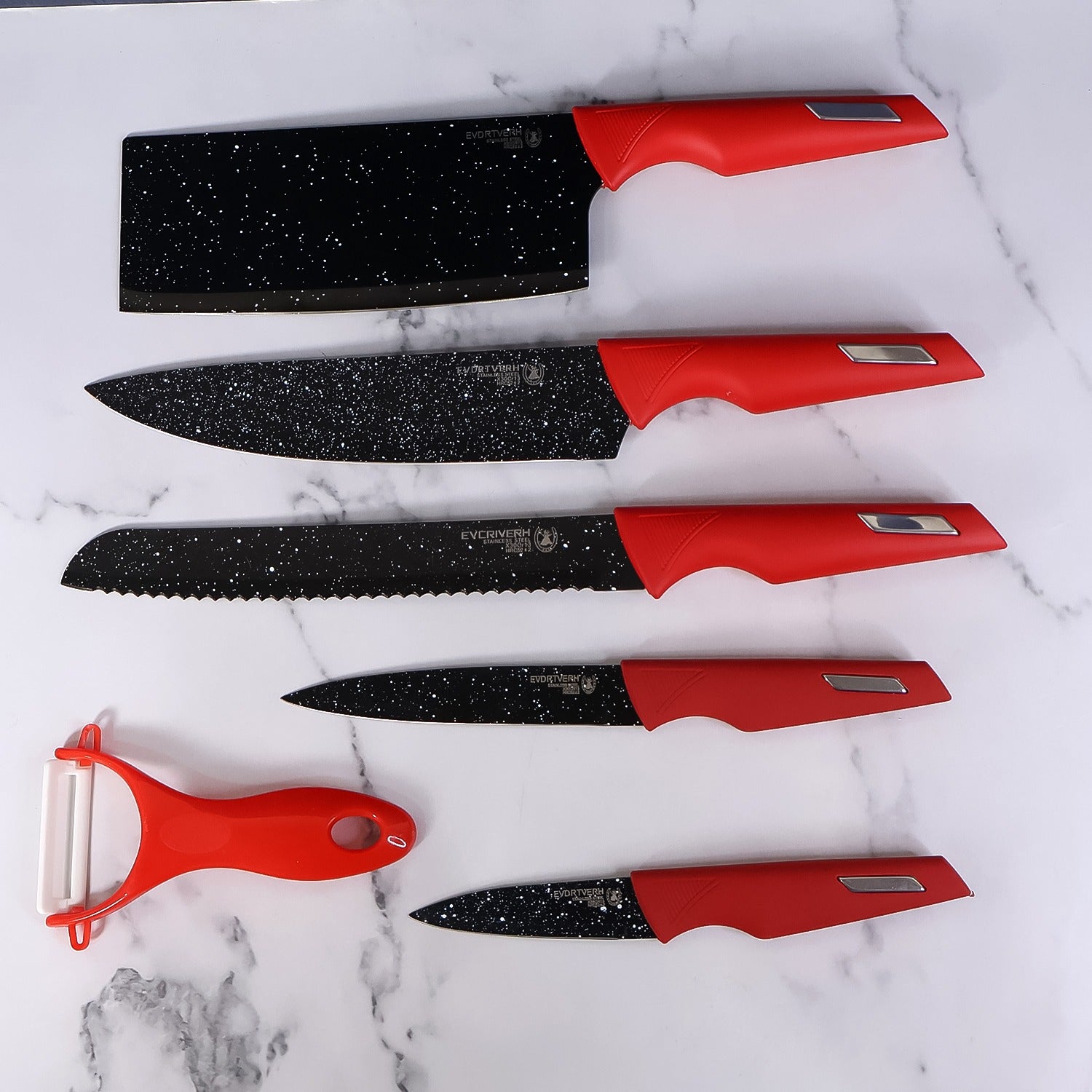 kitchen knife set with marble-coated blades and red handles pack of 6