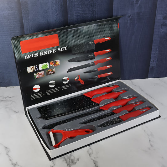 kitchen knife set with marble-coated blades and red handles pack of 6