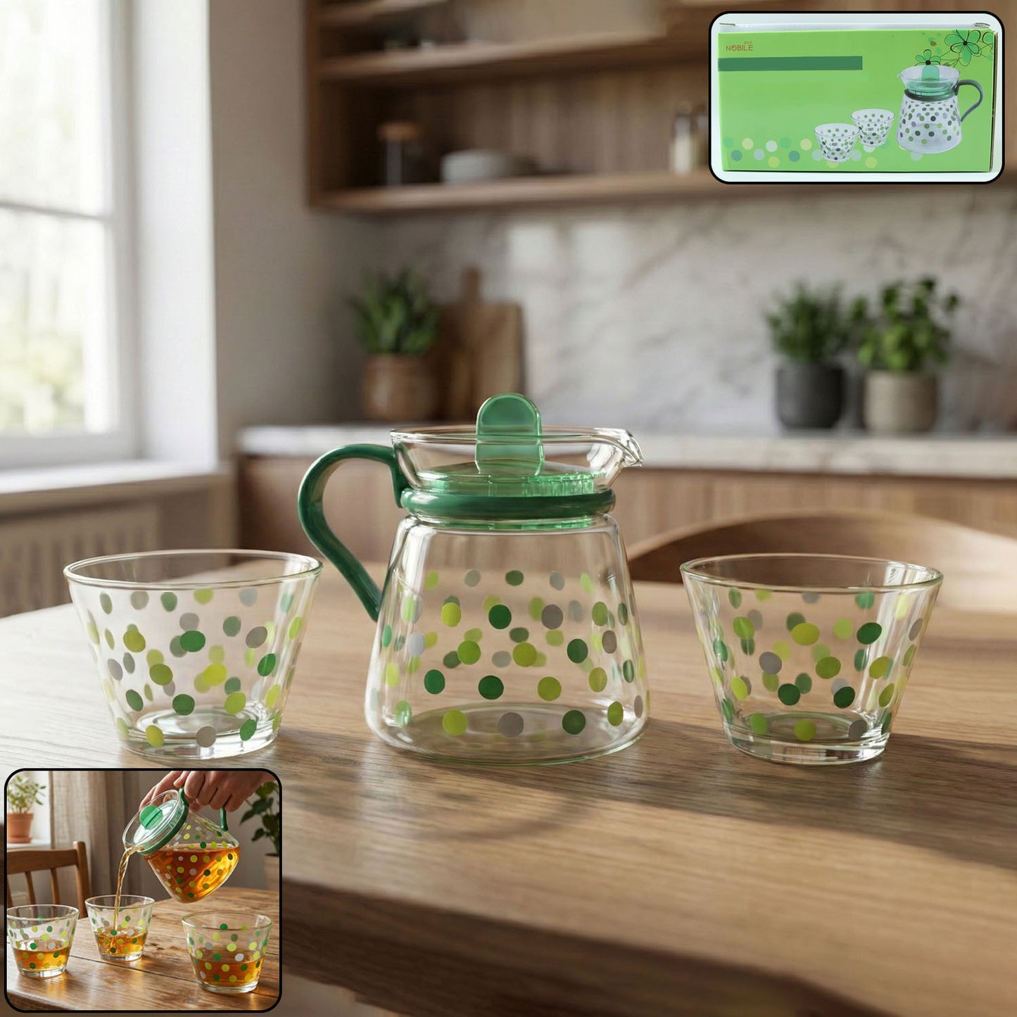 glass tea pot with matching cups set