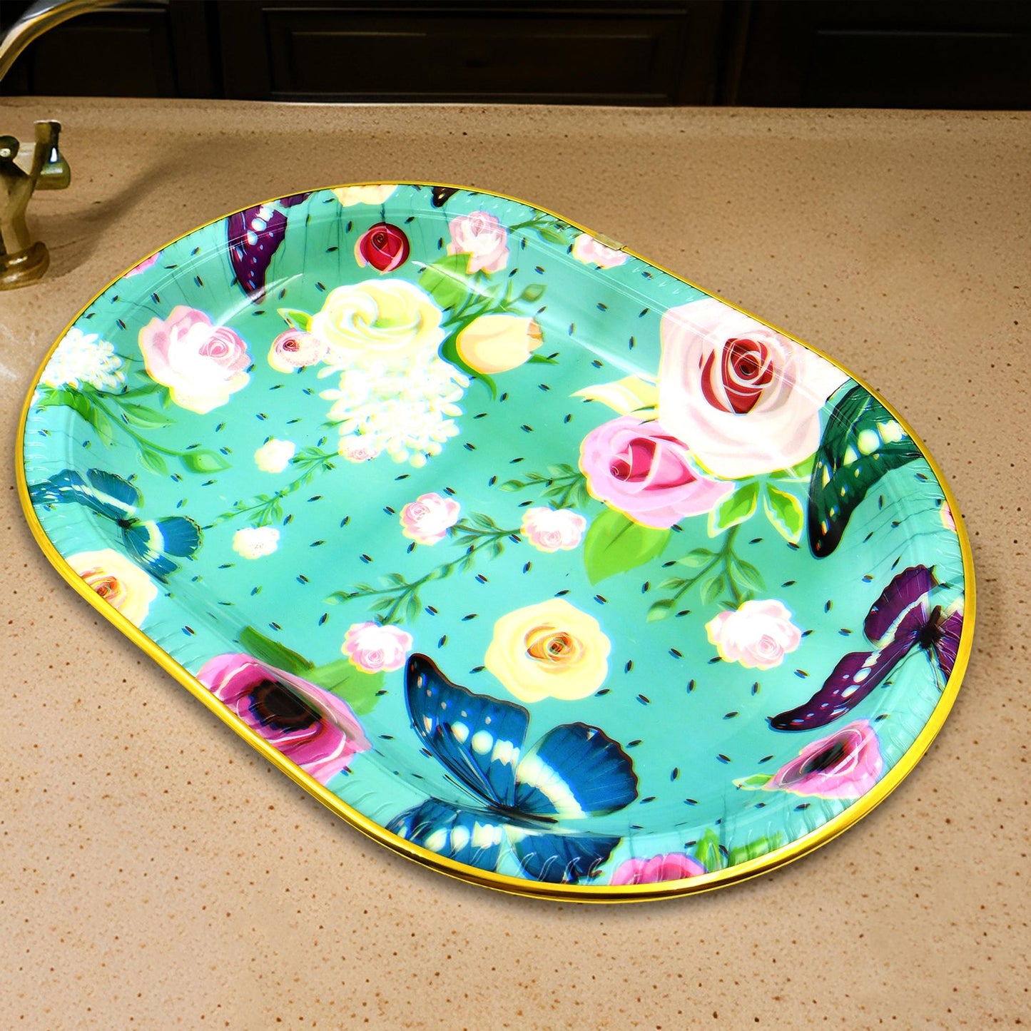 plastic flower printed serving tray 36 cm x 25 cm x 5 cm pack of 3