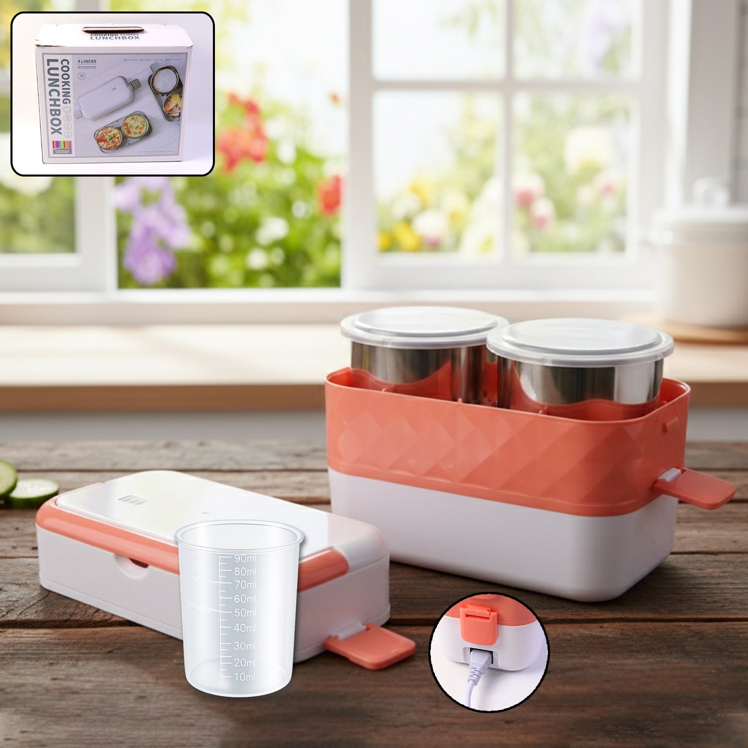 Electric Heated Lunch Box With Stainless Steel Inner Containers (1 Set)