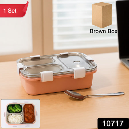 3-compartment lunch box with stainless steel tray and leak resistant lid