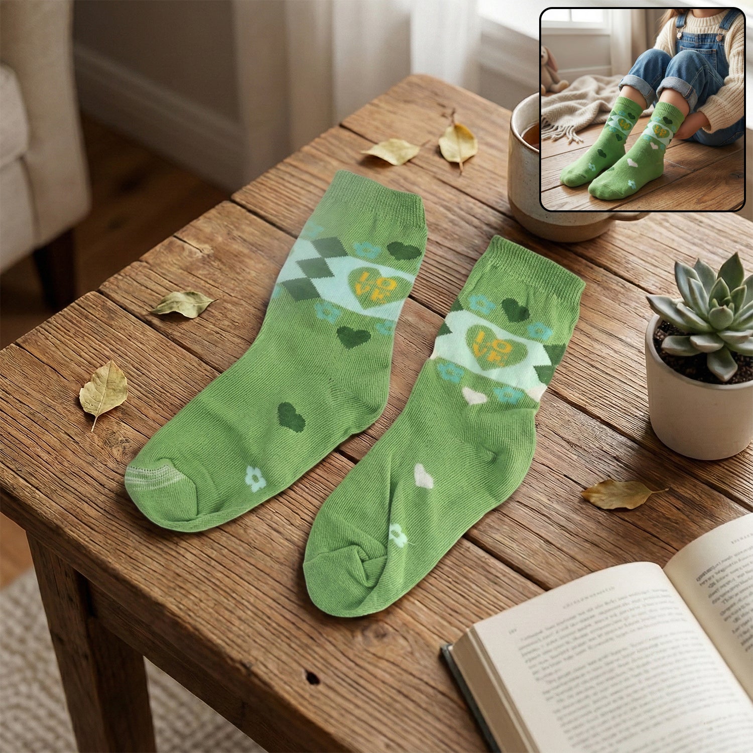 cotton socks green heart floral design 1 pair