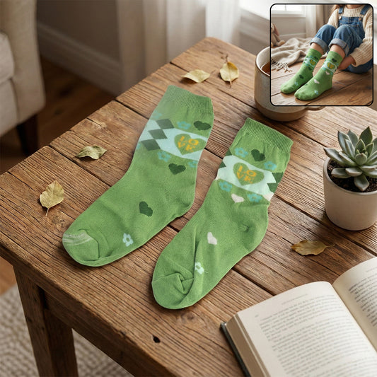 cotton socks green heart floral design 1 pair