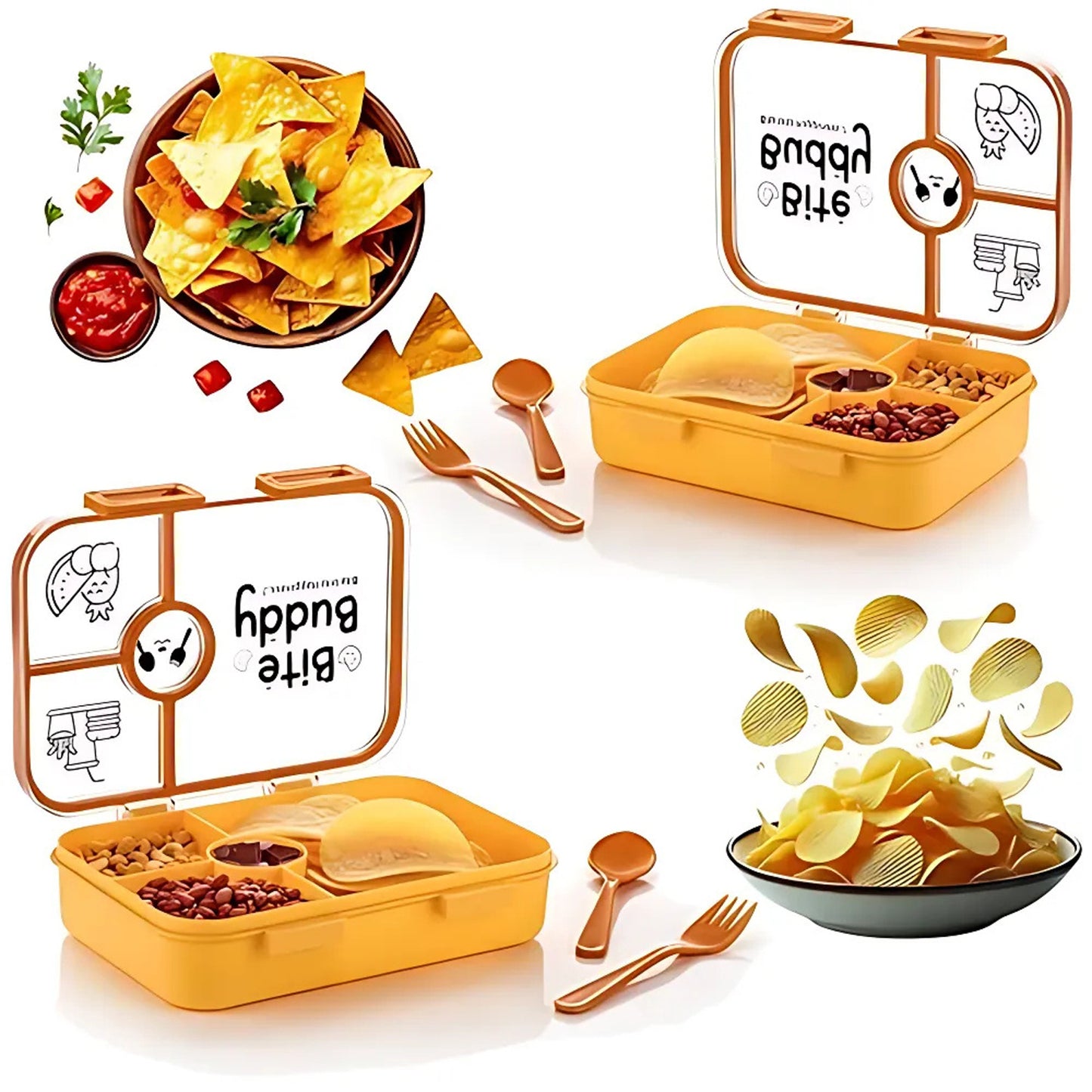 4 compartment plastic lunch box 21 cm with spoon and fork