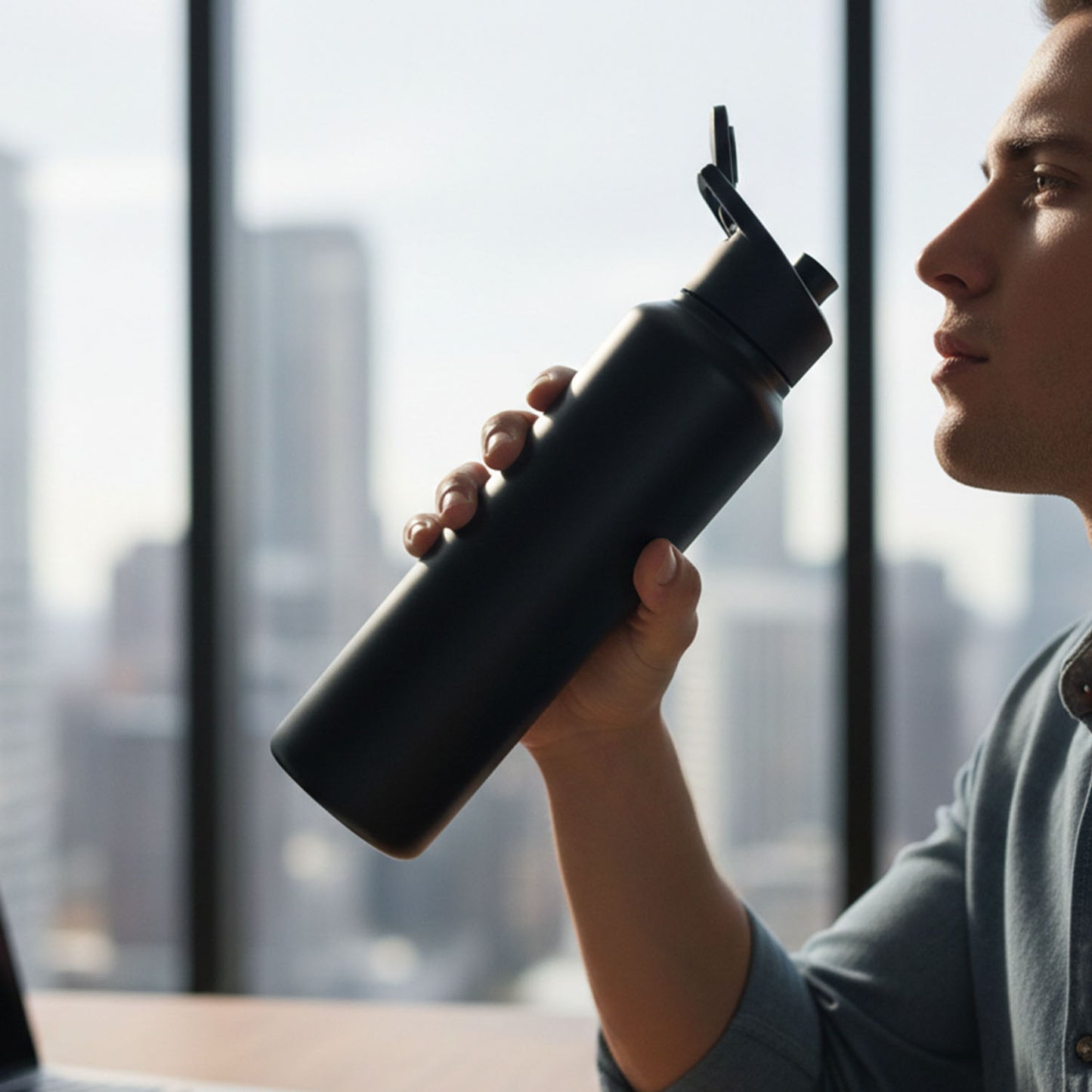 Stainless Steel 1000ml Flip-top Reusable Sports Water Bottle  1 Pc