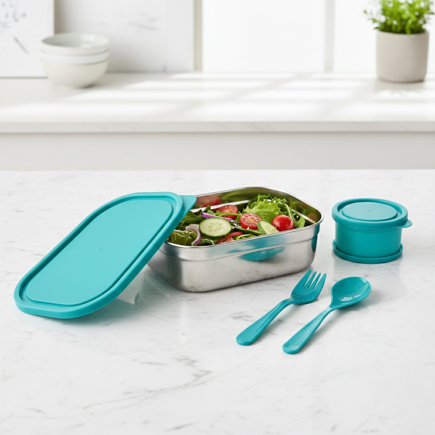 stainless steel lunch box set with leak-resistant lid 18 cm x 13 cm x 6 cm