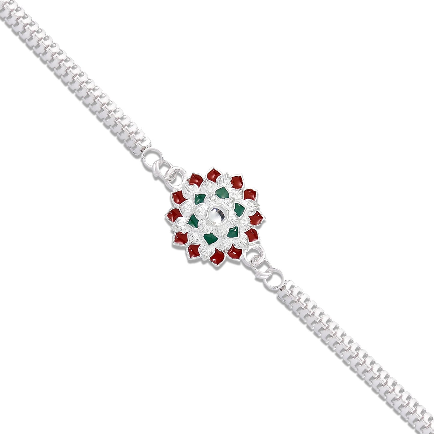 Traditional Floral Rakhi With Red  Green Stones  Silver Designer Rakhi For Brother