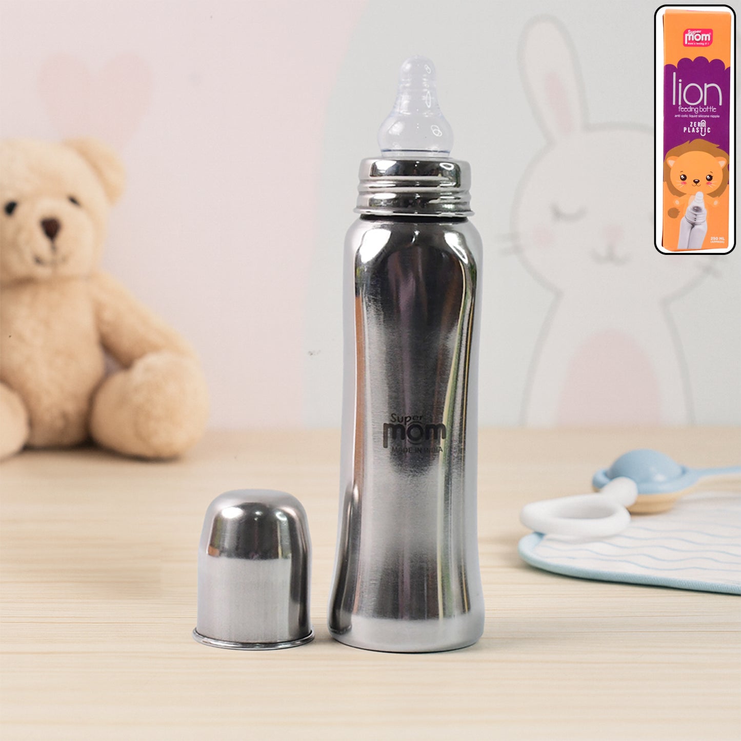 stainless steel feeding bottle 250ml with silicone nipple pack of 1