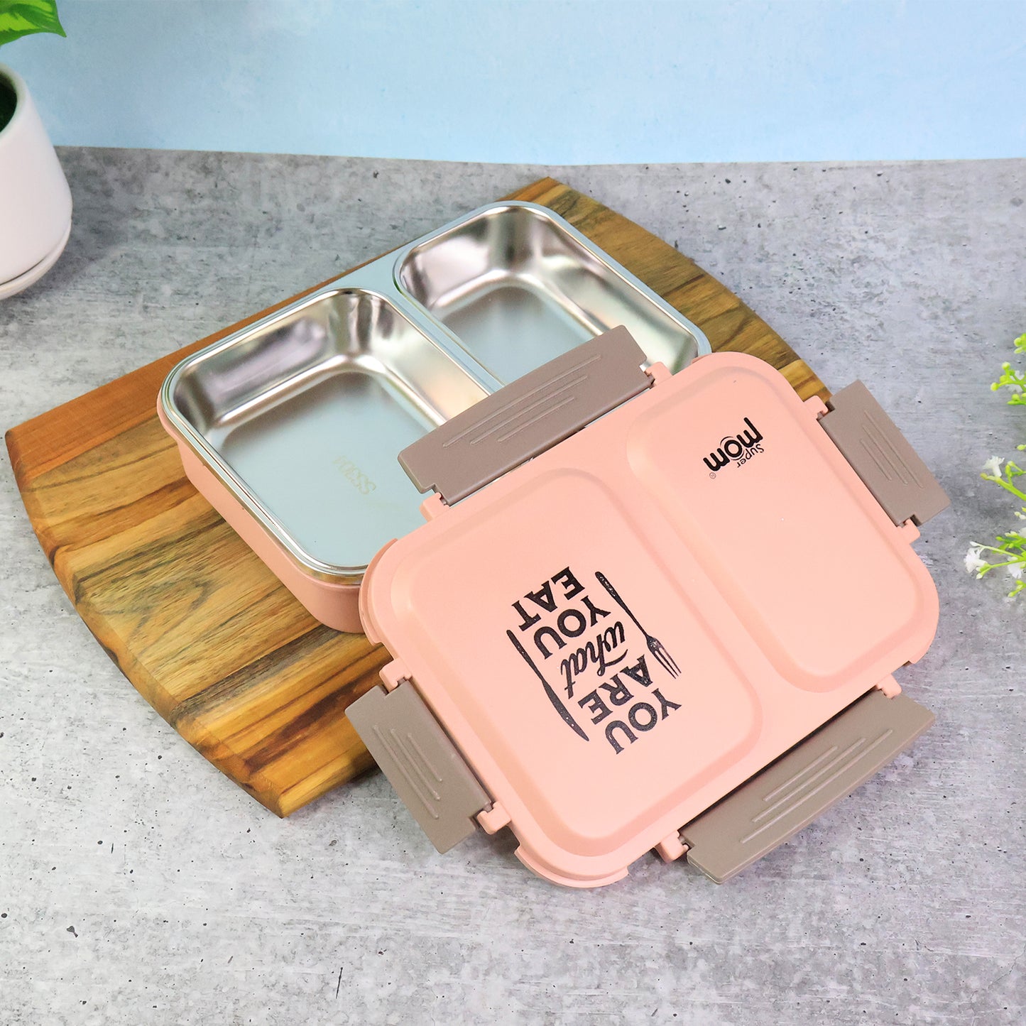 2 partition stainless steel lunch box with leak-proof lid