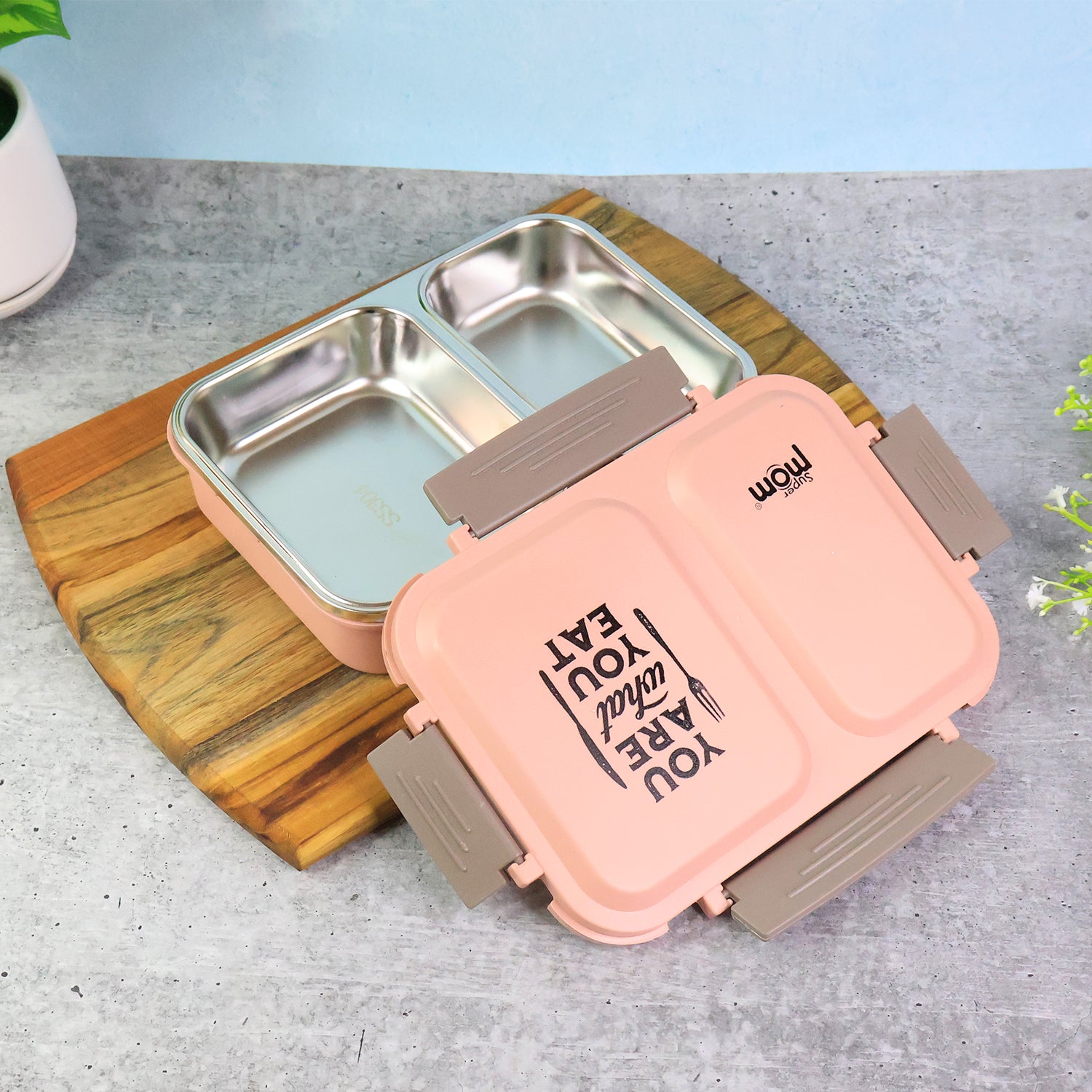 2 partition stainless steel lunch box with leak-proof lid