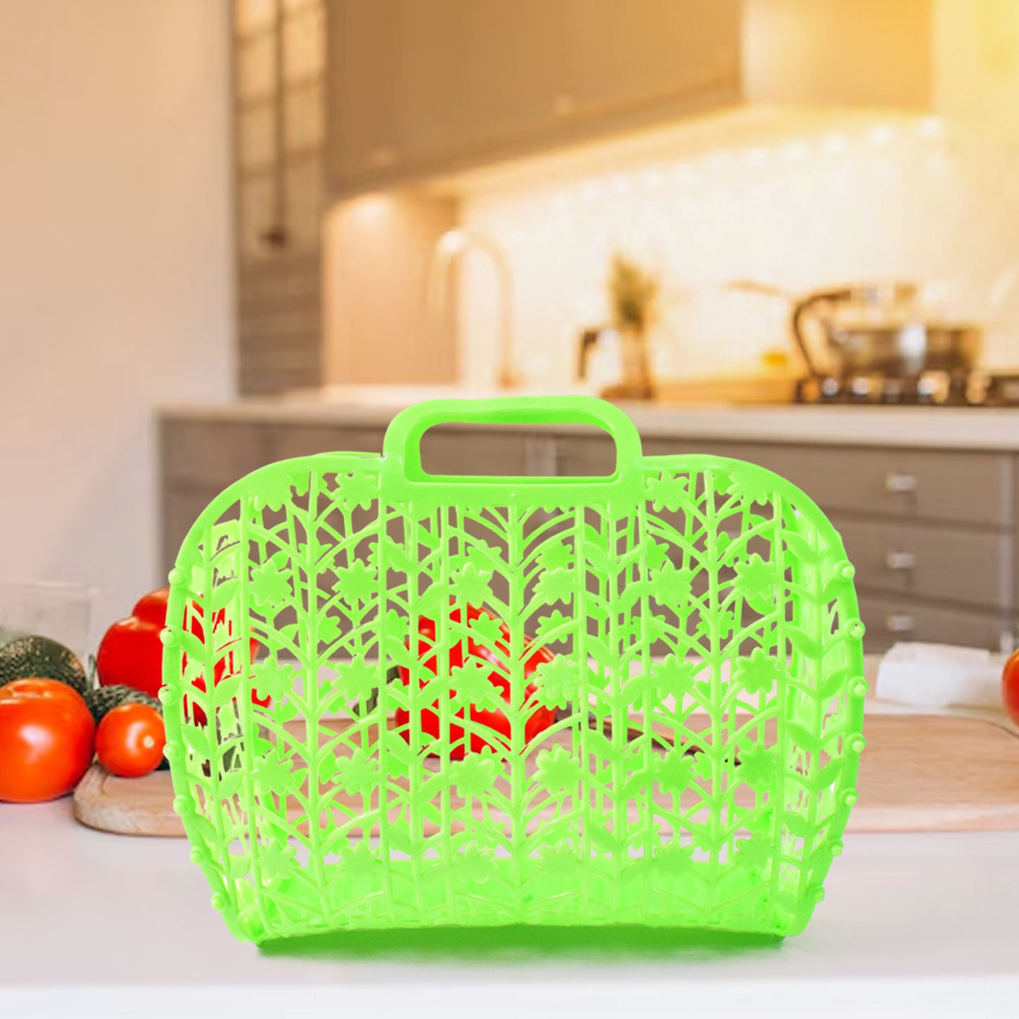 Plastic Foldable Basket Bag  Fruit  Vegetable Storage Basket (3 Pcs Set  Multicolor)