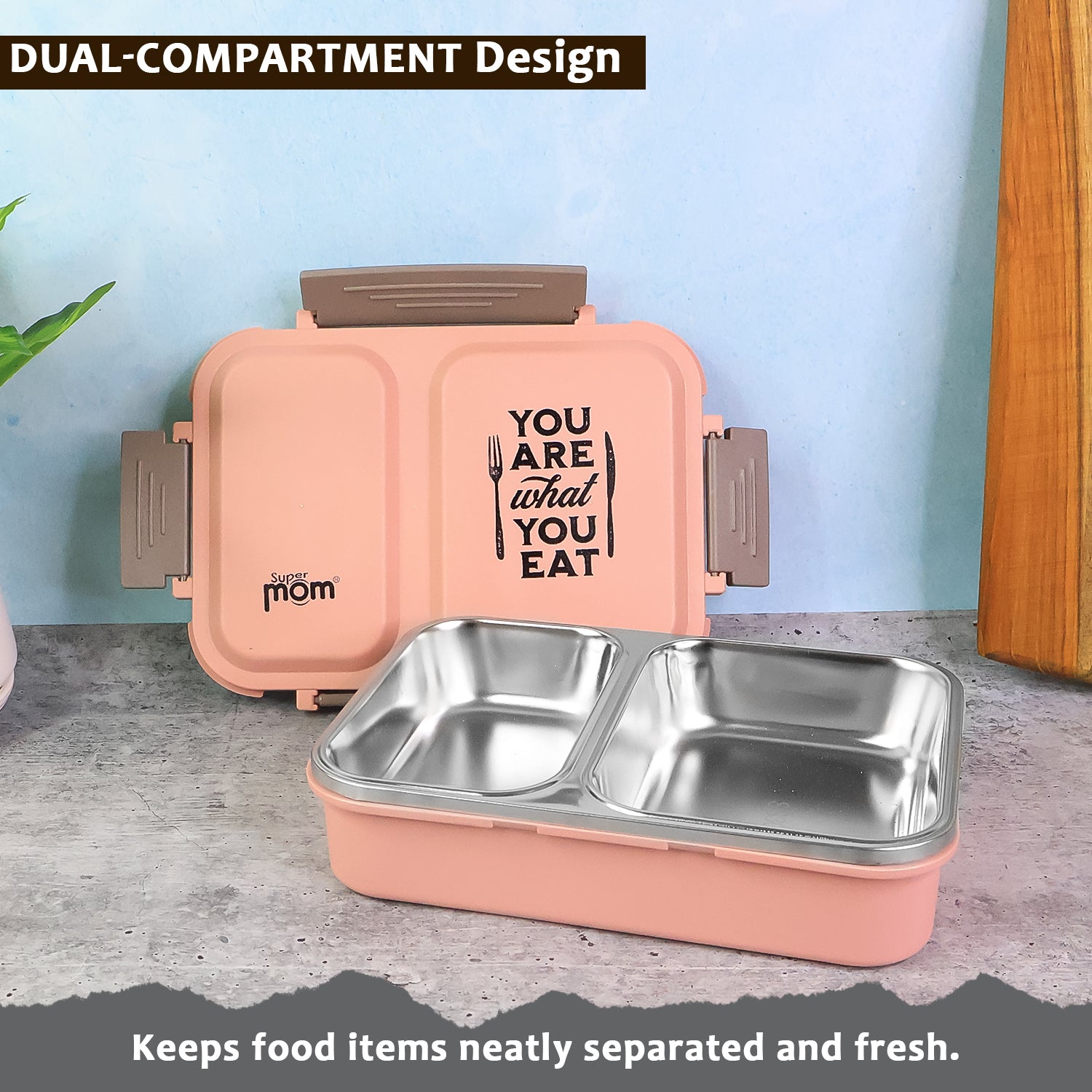 2 partition stainless steel lunch box with leak-proof lid