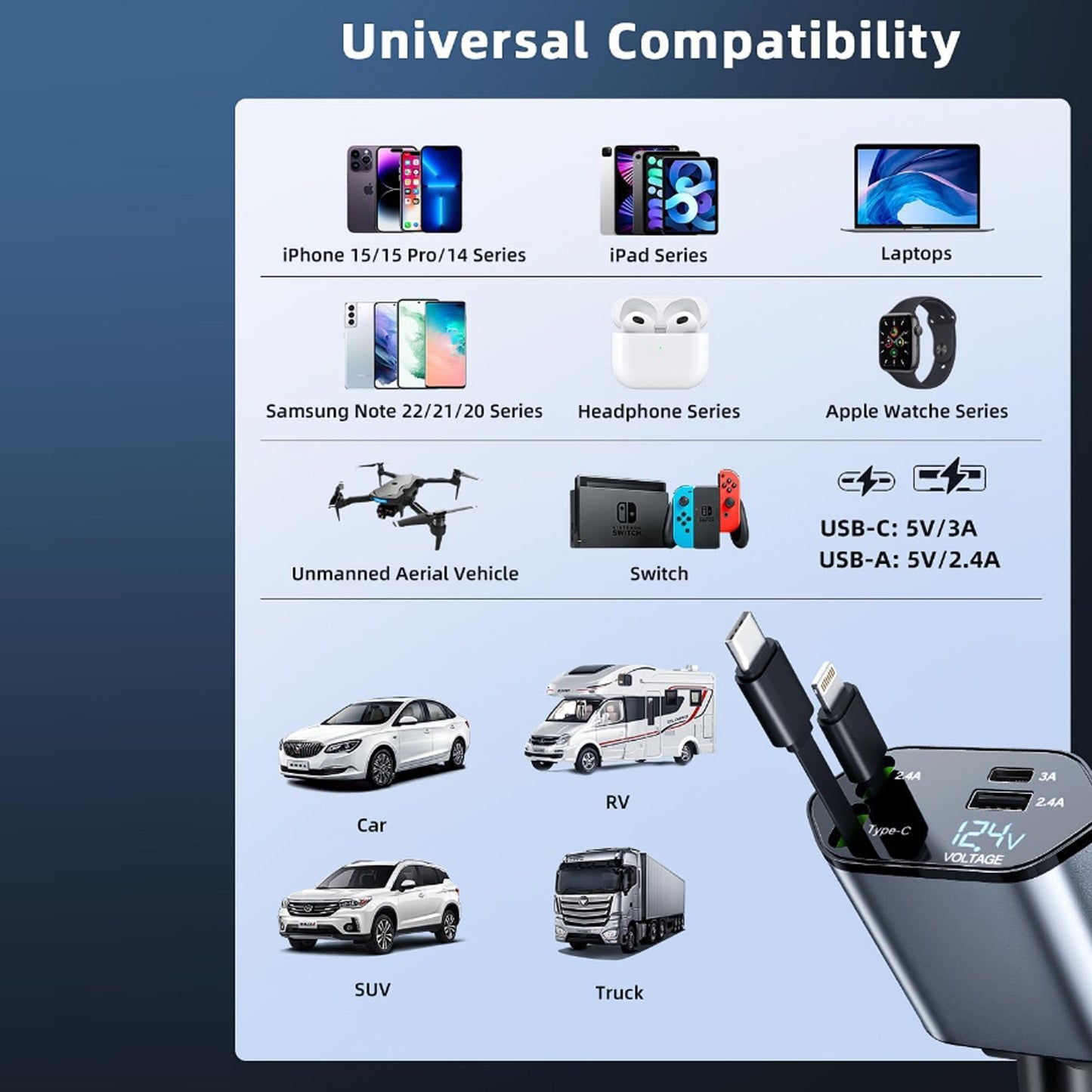 120w 4-in-1 car charger with dual cables and dual usb ports pack of 1