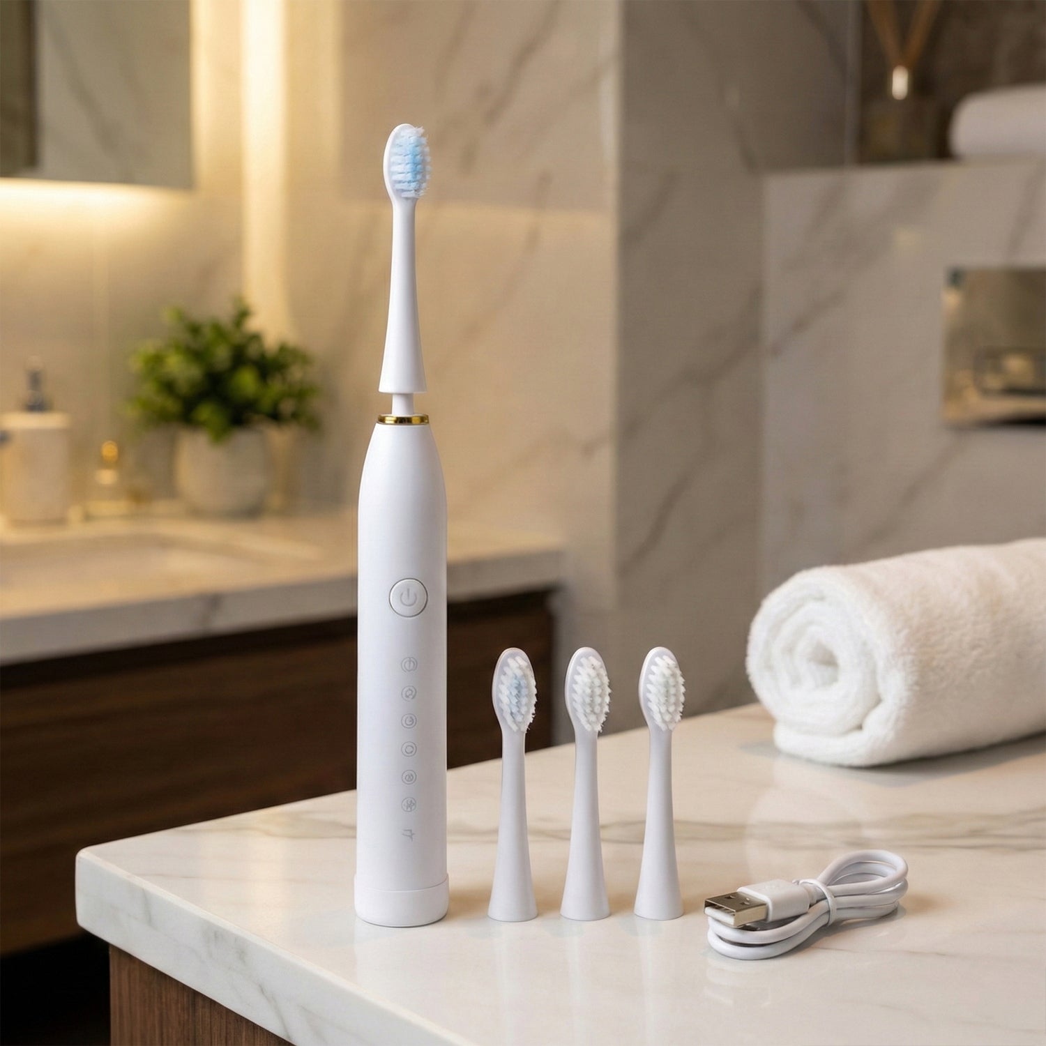 white rechargeable electric toothbrush with 4 brush heads pack of 1