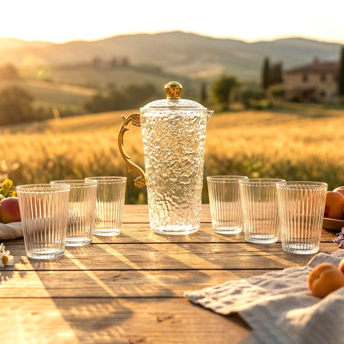 textured glass water jug with 6 glasses set