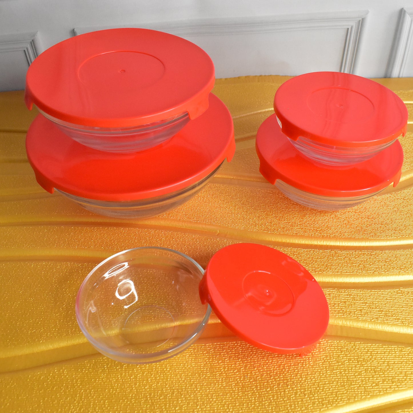 glass bowl set with red lids pack of 5 for mixing and storage