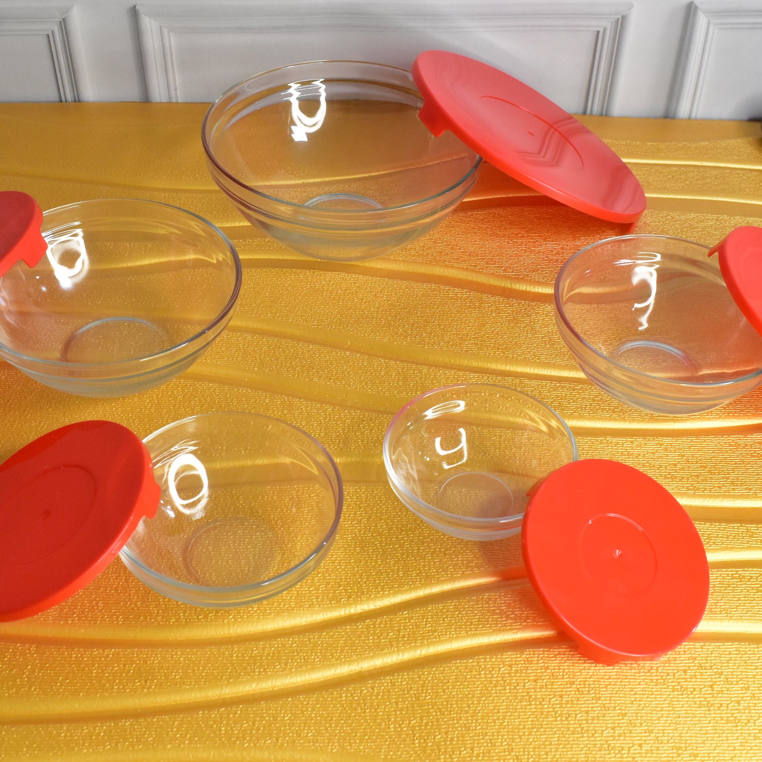 glass bowl set with red lids pack of 5 for mixing and storage