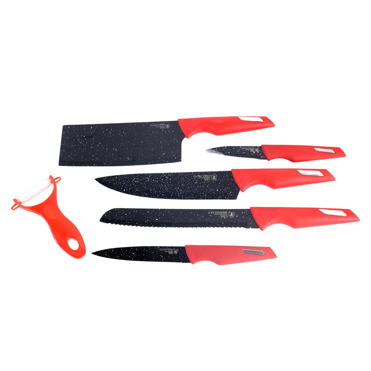 kitchen knife set with marble-coated blades and red handles pack of 6
