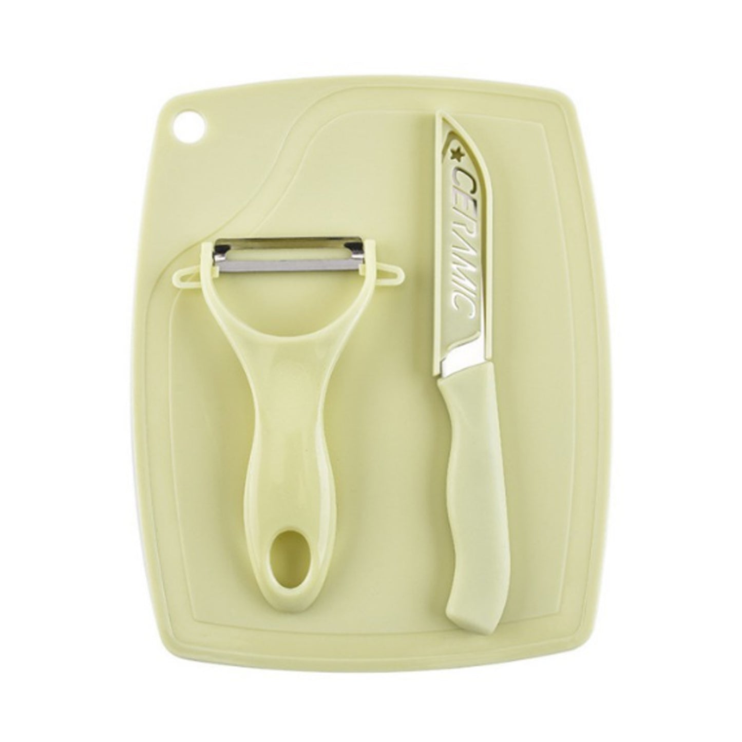 kitchen peeler and knife set with plastic handles and stainless steel blades