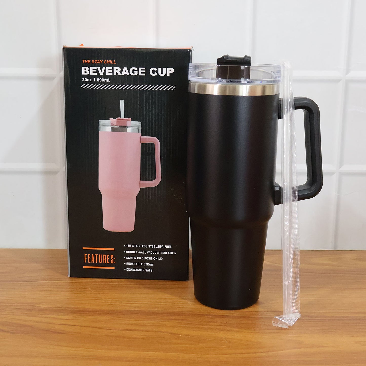 890 Ml Large Capacity Insulated Travel Mug Black Color (1 Pc)