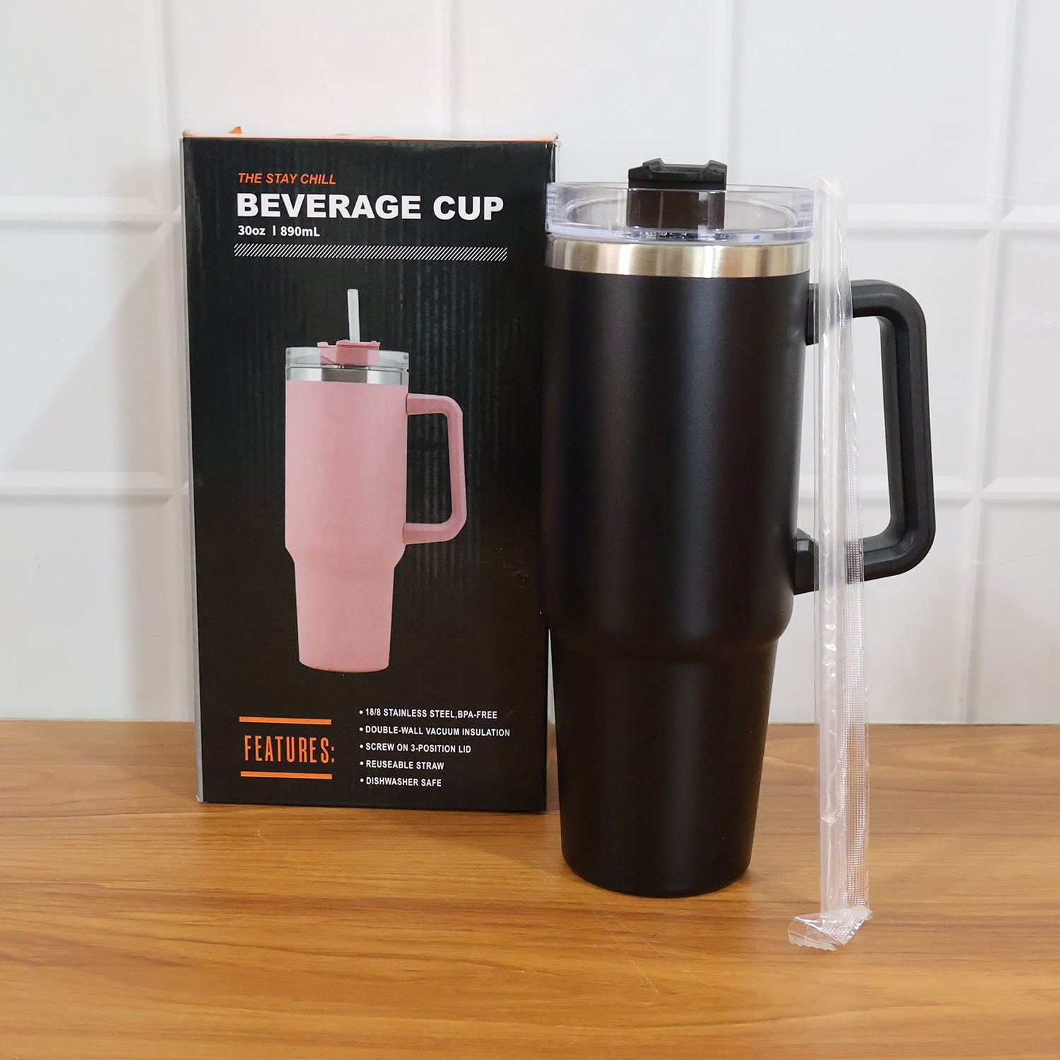 890 Ml Large Capacity Insulated Travel Mug Black Color (1 Pc)