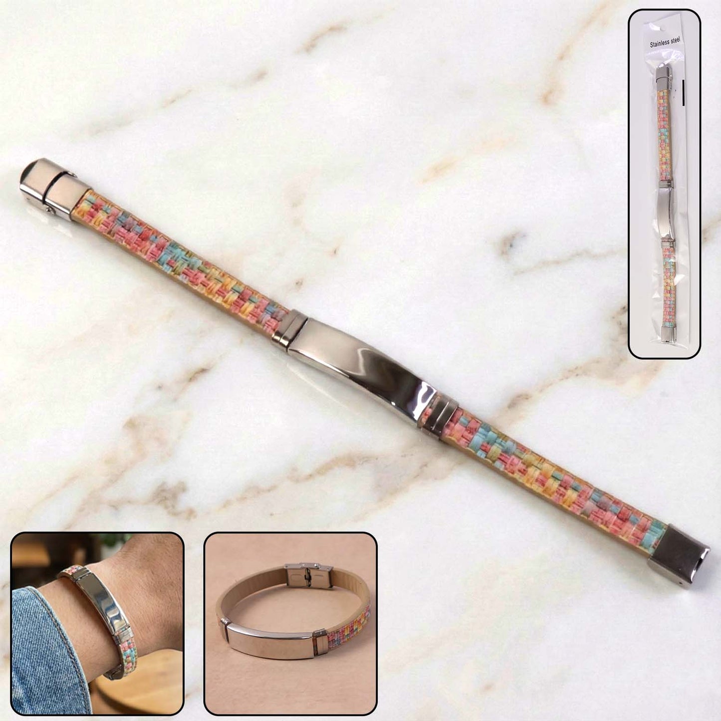 stainless steel wrist bracelet with multicolor woven design pack of 1